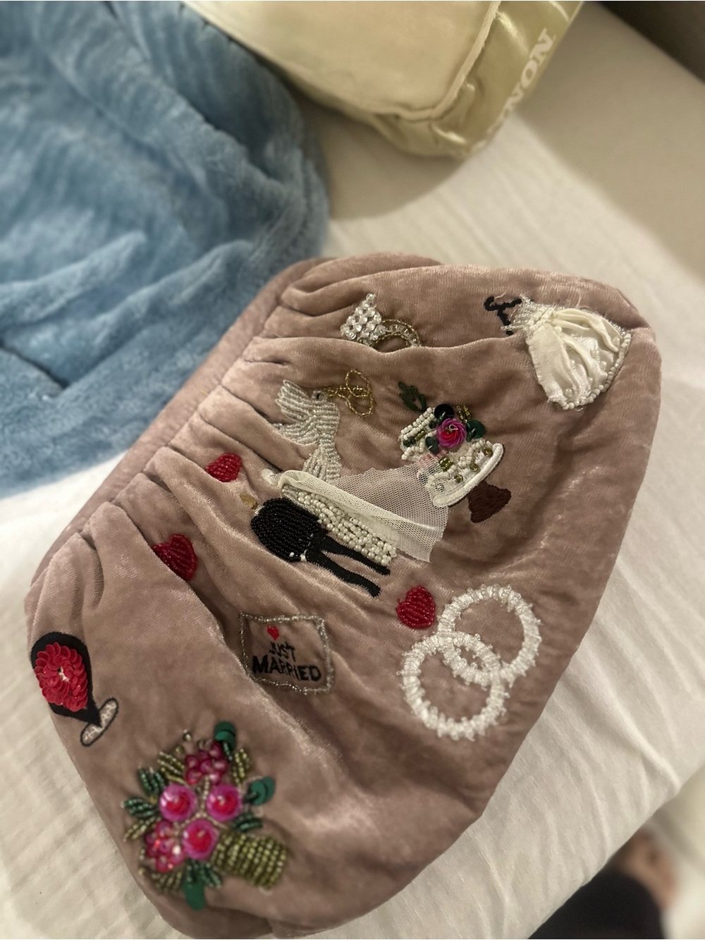 Embroidered Pink Velvet Bridal Clutch Bag